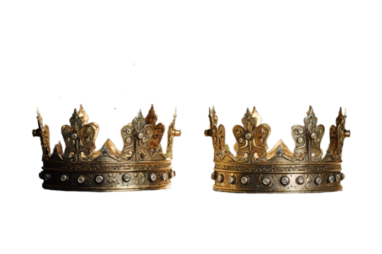 3d render set of golden crowns for king or queen, isolated on PNG Background. Generative Ai.