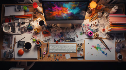 Top view of the workspace of a creative graphic designer, Artist. A wooden table with a computer, papers, stationery in the workplace.