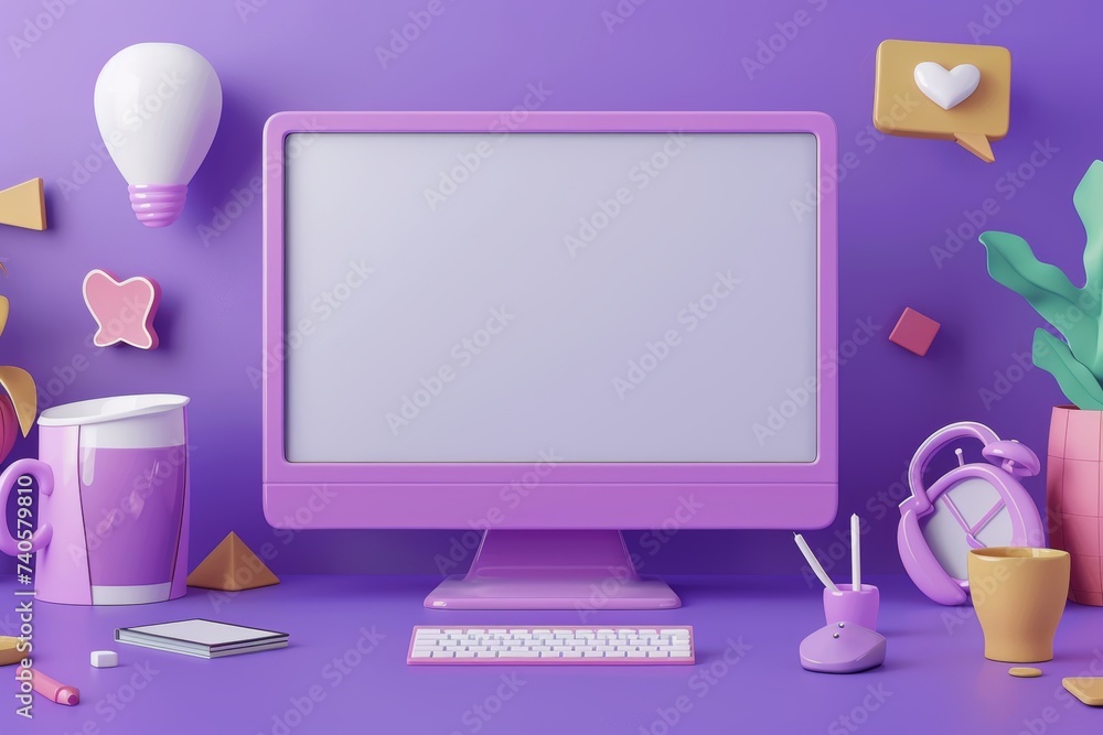 Aufkleber Mock up desktop computer. Screen device mockup blank monitor. Realistic 3D design. Send messages over Internet social networks. Purple background.  illustration.