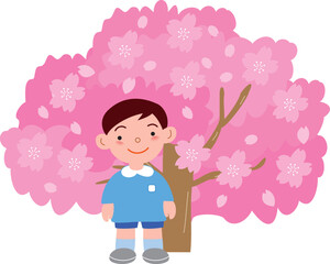 満開の桜と男の子の園児
