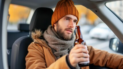 Irresponsible behavior  young man driving under the influence with bottle of beer
