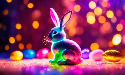 Fototapeta na wymiar bunny on neon holiday background. Selective focus.