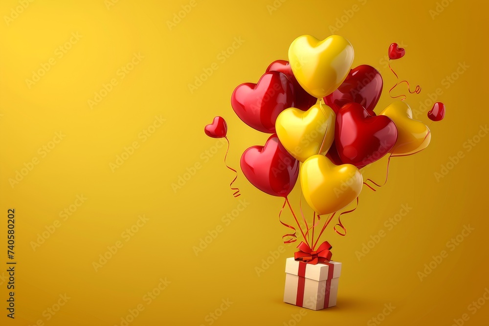 Wall mural Happy Valentine's Day. Holiday wedding. Happy birthday. Festive background with realistic heart-shaped balloons in red and yellow colors, open gift box. Romantic banner, web poster.  image.