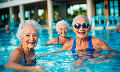 Fototapeta premium elderly women doing water aerobics in the pool. Selective focus.