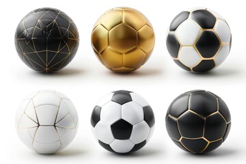 Realistic 3D football balls set with leather texture, golden and white colors, isolated on white background.  illustration.