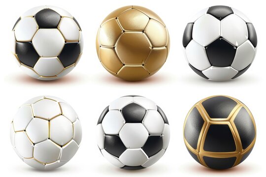 Football balls set realistic 3d design style. Leather texture golden and white black color. Mockup of sports elements isolated on white background.  illustration.