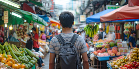 Asian tourist at Khao San Road open market in Bangkok, Thailand, man with backpack