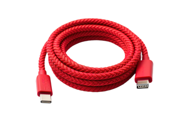 Coiled Red USB C lightning charging cable. Red USB isolated on PNG Background. Generative Ai.