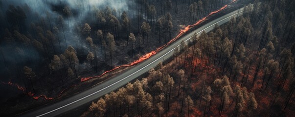 Hot summer weather with extreme fire in forests, aerial view over car road, banner. Generative Ai. - obrazy, fototapety, plakaty