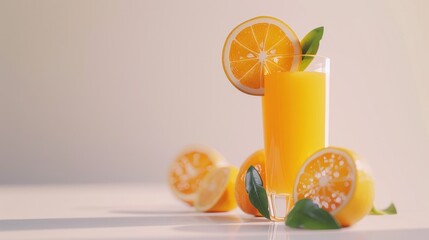 Fresh Orange Juice in Glass with Sliced Oranges on Bright Background