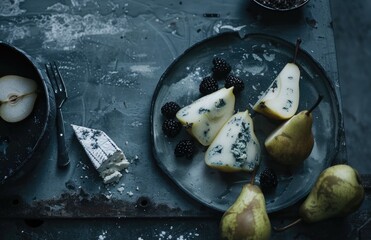 Gourmet Cheese and Pear Platter with Blackberries on Moody Background
