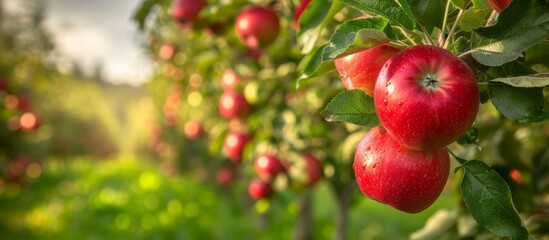Obraz premium Beautiful orchard scene with vibrant red apples hanging from leafy green tree branches