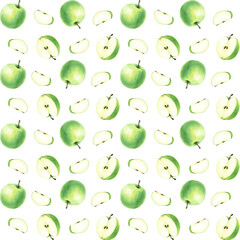 Seamless repeat pattern with green fruit apple. Hand drawn watercolor food illustration. For wrapping wallpaper fabric textile