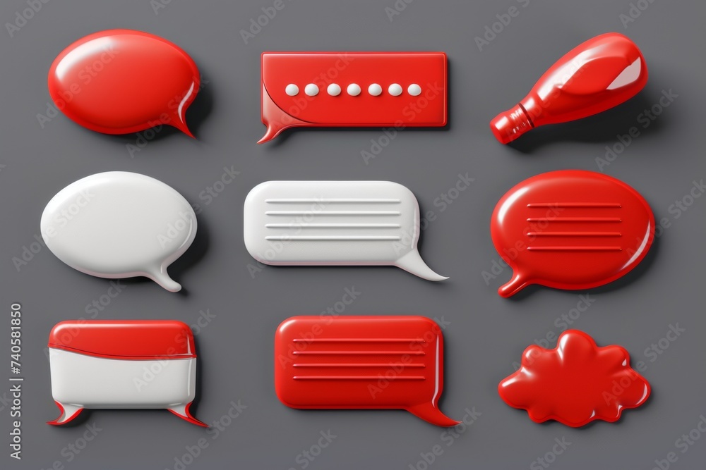 Poster there are speech bubbles with a red and white color theme and a dialogue bubble with a blue color th