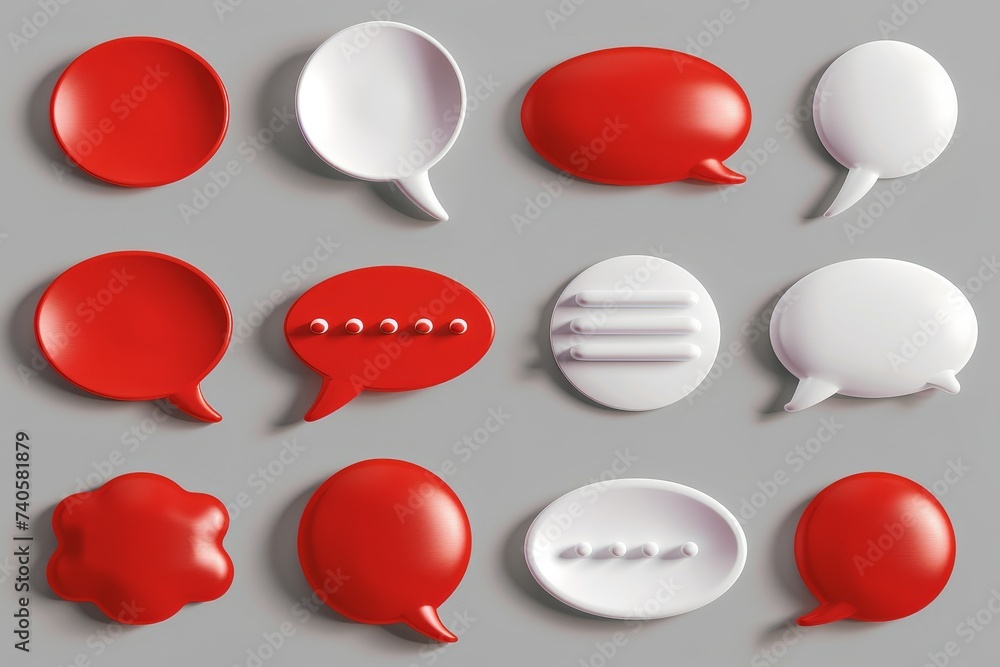 Aufkleber There is a set of speech bubbles in red and white color. Chat dialogue bubble text in 3D. The set is isolated.  illustration.