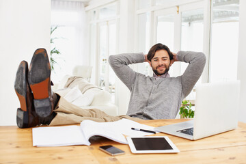 Businessman, relax and smile with computer at house for remote, freelance work and internet...
