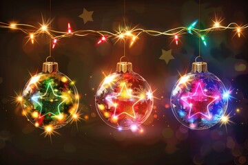 The  illustration shows a set of Christmas ornaments made of glass transparent balls, as well as a realistic 3d colorful star hanging on gold ribbon. This is an illustration of Christmas