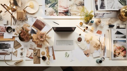 Top view of the spacious workspace of a creative graphic designer, Artist. A large white wooden table with a laptop, papers, paintings, drawings, stationery and other office tools.
