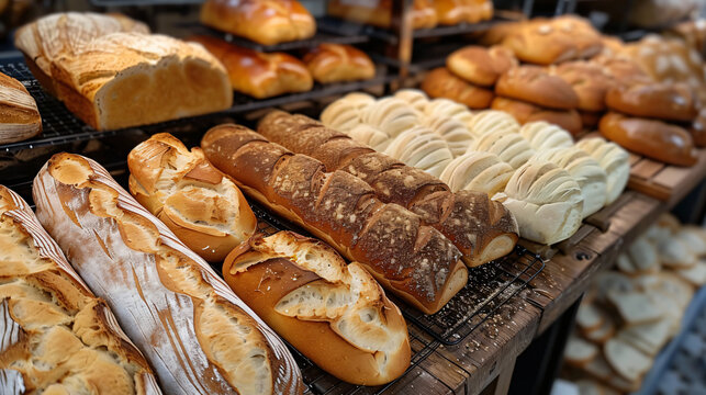 Variety of bread on display at a bakery.