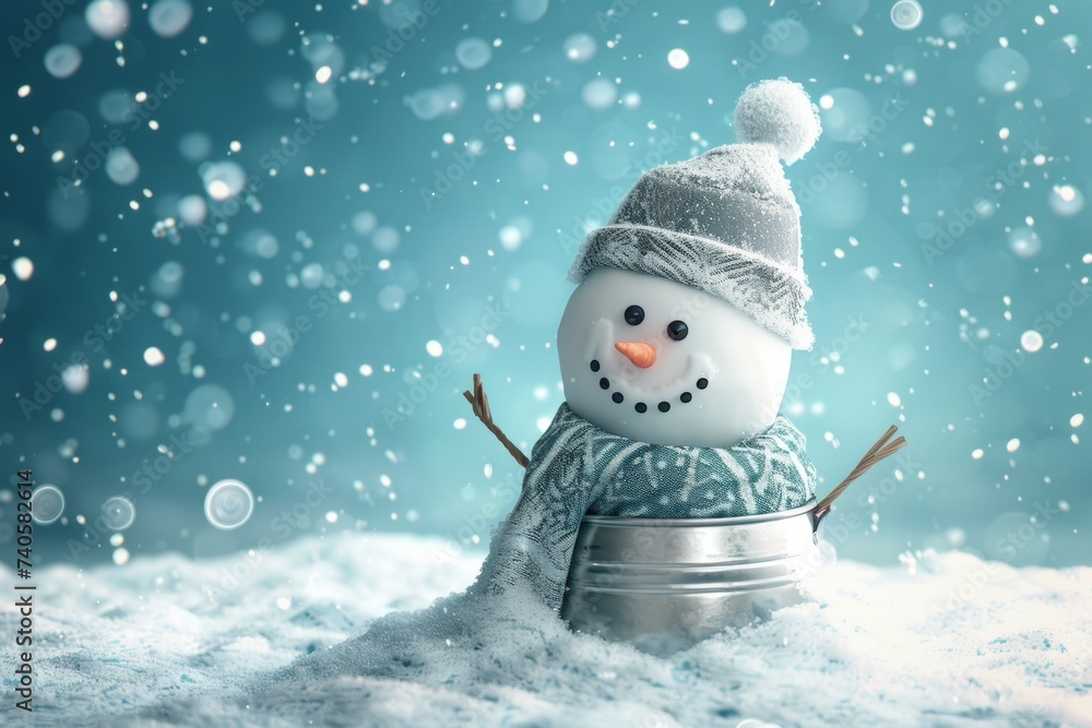 Wall mural Winter Christmas background. Christmas snowman with silver bucket on his head. Snowman in snow with white snowflakes.  illustration.