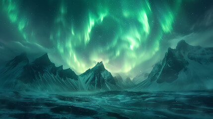 Northern lights or Aurora borealis over snowy mountains and city lights at night. Night sky with polar lights. Night winter landscape. Generative AI illustration 