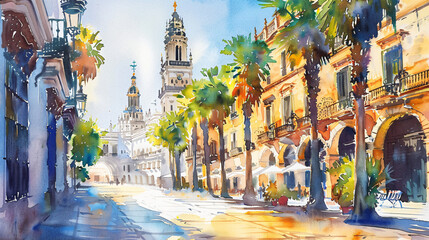 Fototapeta na wymiar Views of Sevilla watercolor sunny day.