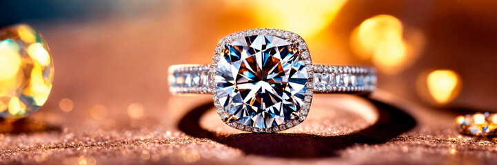 ring with a large diamond. Selective focus. - obrazy, fototapety, plakaty