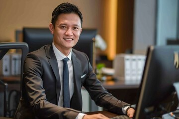 Portrait of young asian businessman inside office, boss in business suit smiling and looking at camera, experienced satisfied man at workplace at desk