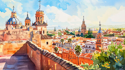 Naklejka premium Views of Sevilla watercolor sunny day.