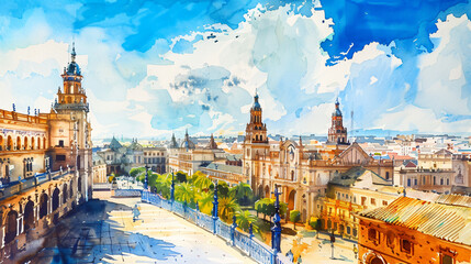 Fototapeta premium Views of Sevilla watercolor sunny day.