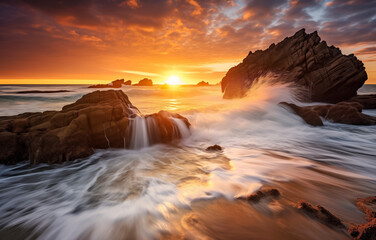Dramatic sunset and waves crashing against rocky shoreline