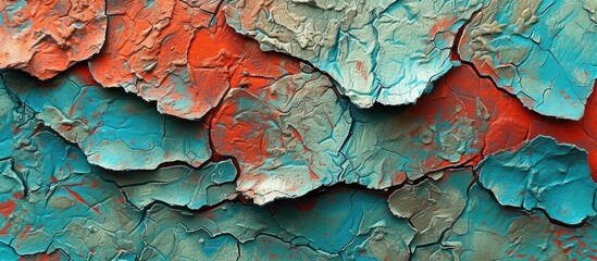 This close-up photo captures the vibrant red and blue paint on a textured craft paper, resembling a stone-like turquoise and red hue.