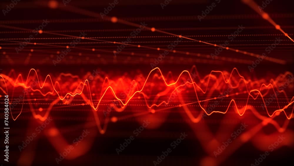 Poster wave of particles. futuristic pattern of dots and lines on a dark background. visualization of sound