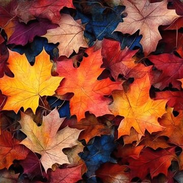 seamless pattern of Multicolored fallen maple leaves on the ground, vibrant autumn, watercolor