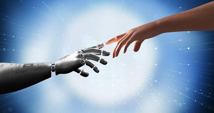 Next Generation AI Robot And Human Fingers Touching Each Other. Futuristic Technology Related 3D Animation.