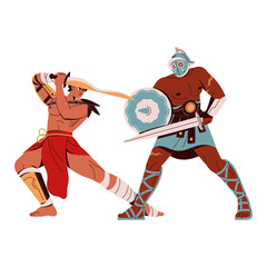 Roman gladiators fight in coliseum arena. Spartan warrior attack enemy. Ancient soldiers in helmet at war with sword. Muscular fighters in battle. Flat isolated vector illustration on white background