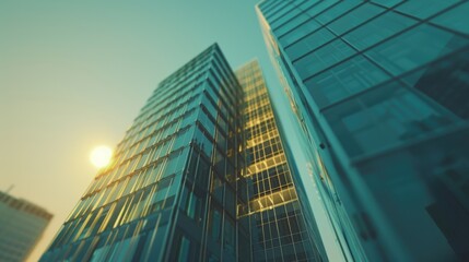 Fototapeta na wymiar Golden Hour Glow on Modern Glass Skyscrapers, Urban Architecture, Office building glass in a skyscraper