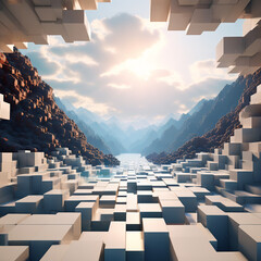 Futuristic city in the form of cubes. 3d render. Abstract 3d rendering of white and blue cubes in a futuristic landscape