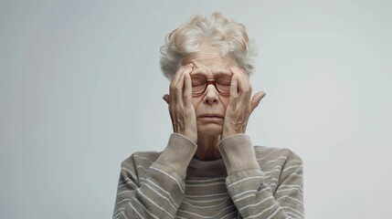 Elderly Woman Suffering from Headache, Massaging Temples in Discomfort