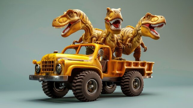 Cartoon Tyrannosaurus Rex Duo Riding a Yellow Toy Truck on Blue Background