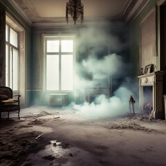 Vintage interior of an old house with fireplace and chair. interior of an old abandoned house with smoke coming out of the window