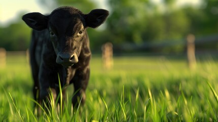 Curious Black Calf in Lush Green Field at Sunset - obrazy, fototapety, plakaty