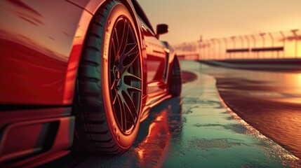 High-Speed Sportscar Drifting on Racetrack at Sunset, Sport Car Raceing on race track