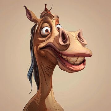 funny smiling horse portrait, hilarious cartoon illustration