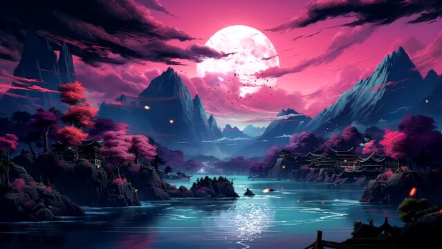 Mountains' Embrace: Cozy Atmosphere by the Lake under a Pink Sunset Sky. Cartoon or Japanese anime painting style, fantasy background illustration, seamless looping 4K video
