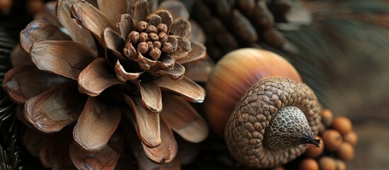 Closeup of pine cones and acorns, natural materials from conifer trees, displayed on a table near a window