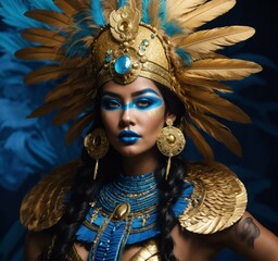 Woman in Carnival Mask (a tan skin Mayan Queen all blue and gold elaborate outfit)