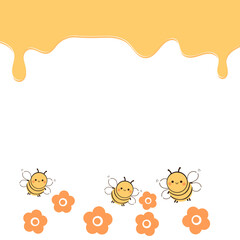 Honey drop, bee cartoons and flower on white background vector illustration.