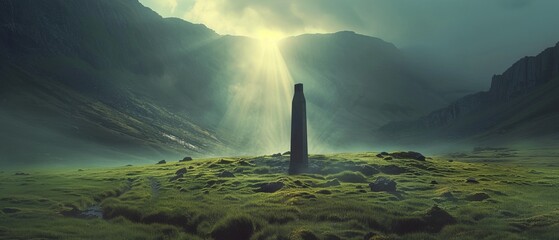 A surreal mystical black stone or a giant sculpture in a valley among the mountains in a minimalist style. A ceremonial or religious or mysterious place