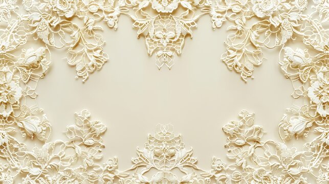 cream-colored lace with intricate floral patterns gracefully adorning its corners